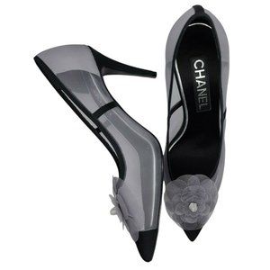 Chanel BNIB Pumps Chantilly Mesh Grosgrain Black Grey Heel Shoes 19P EUR 38.5